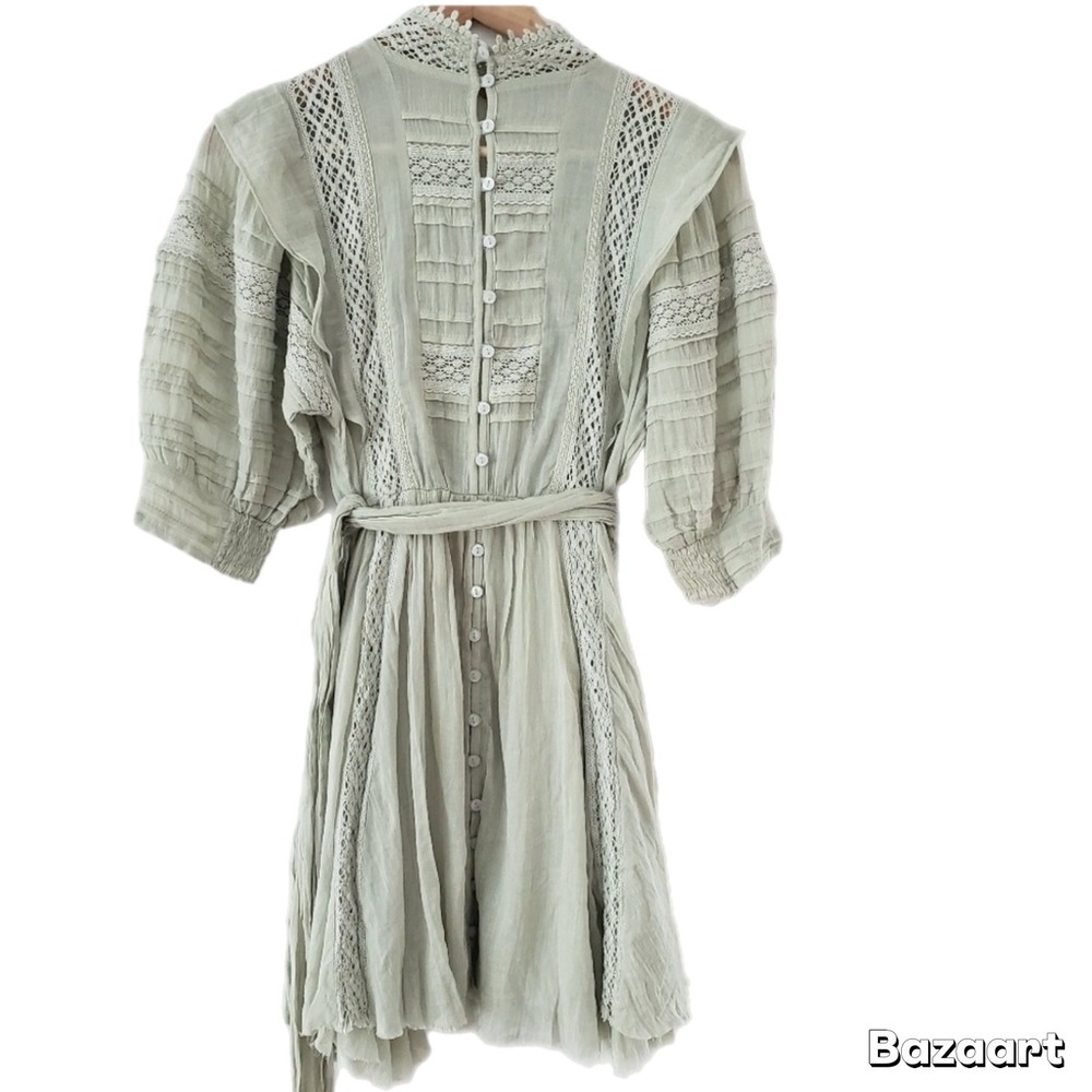 Free People Sydney Mint Green Mini Boho Dress Lace Button Front Balloon Sleeve M - Picture 7 of 10